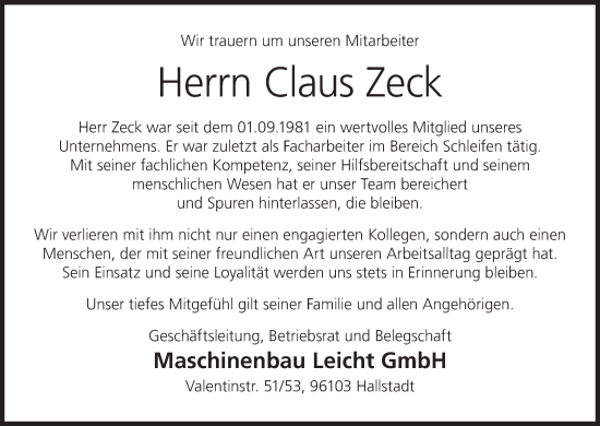 Anzeige von Claus Zeck von MGO