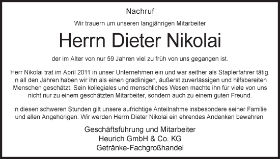 Anzeige von Dieter Nikolai von MGO