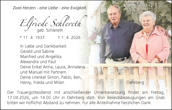 Anzeige von Elfriede Schlereth von MGO