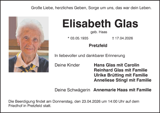 Anzeige von Elisabeth Glas von MGO