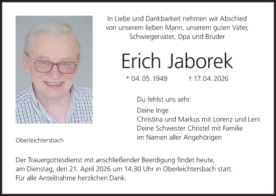 Anzeige von Erich Jaborek von MGO