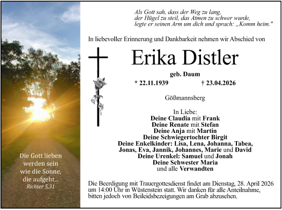 Anzeige von Erika Distler von MGO