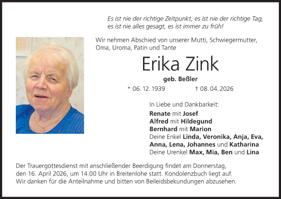 Anzeige von Erika Zink von MGO