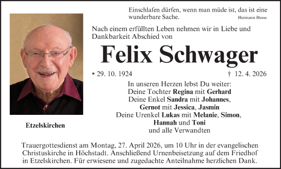 Anzeige von Felix Schwager von MGO