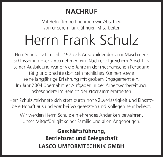 Anzeige von Frank Schulz von MGO