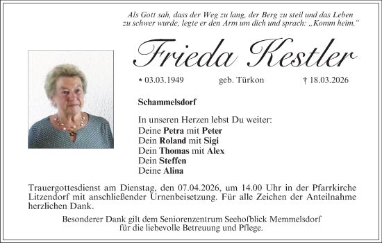 Anzeige von Frieda Kestler von MGO
