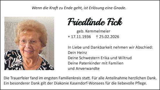 Anzeige von Friedlinde Fick von MGO