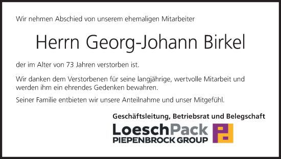 Anzeige von Georg-Johann Birkel von MGO