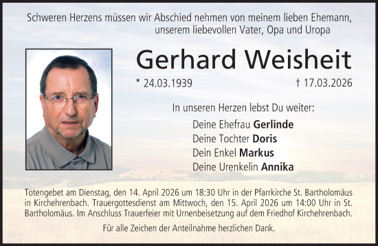 Anzeige von Gerhard Weisheit von MGO