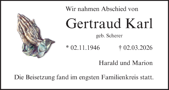 Anzeige von Gertraud Karl von MGO