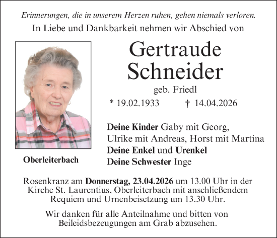 Anzeige von Gertraude Schneider von MGO