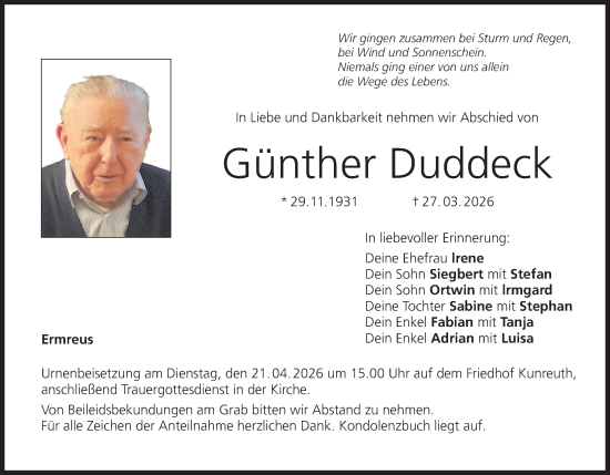 Anzeige von Günther Duddeck von MGO