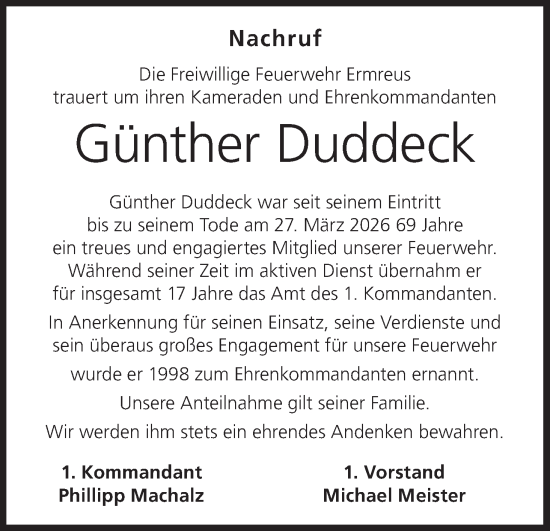 Anzeige von Günther Duddeck von MGO