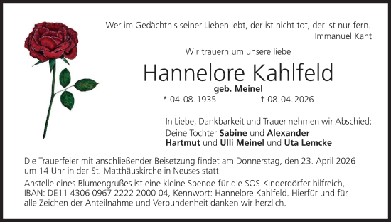 Anzeige von Hannelore Kahlfeld von MGO