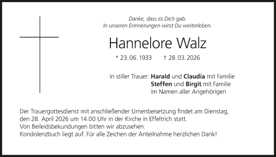 Anzeige von Hannelore Walz von MGO
