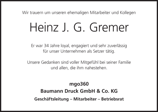 Anzeige von Heinz J. G. Gremer von MGO