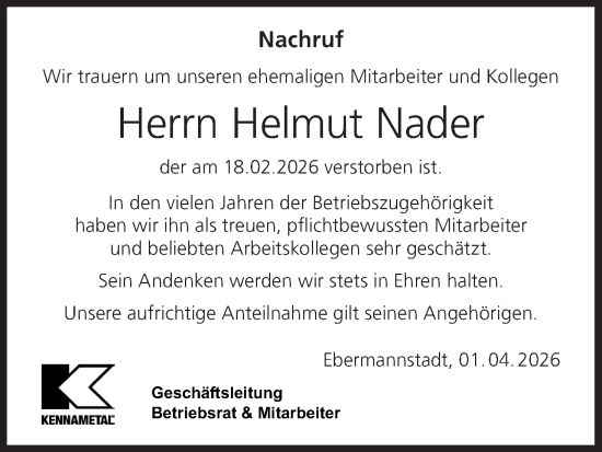 Anzeige von Helmut Nader von MGO