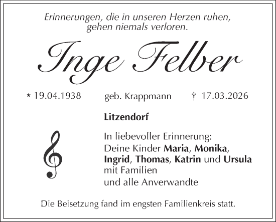 Anzeige von Inge Felber von MGO