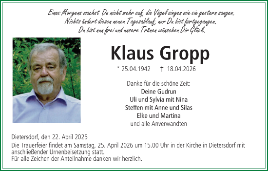 Anzeige von Klaus Gropp von MGO