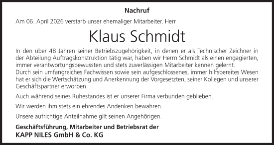Anzeige von Klaus Schmidt von MGO