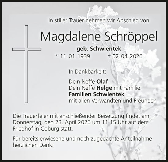 Anzeige von Magdalene Schröppel von MGO