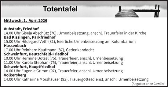 Anzeige von Totentafel vom 01.04.2026 von MGO
