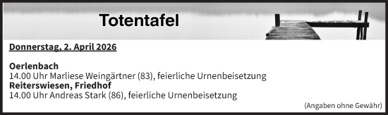 Anzeige von Totentafel vom 02.04.2026 von MGO
