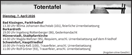 Anzeige von Totentafel vom 07.04.2026 von MGO