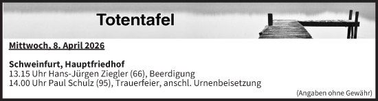 Anzeige von Totentafel vom 08.04.2026 von MGO