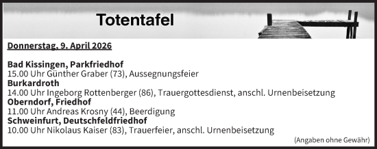 Anzeige von Totentafel vom 09.04.2026 von MGO
