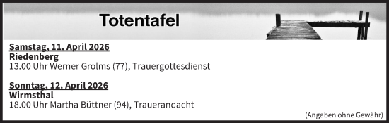 Anzeige von Totentafel vom 11.04.2026 von MGO