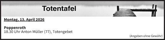Anzeige von Totentafel vom 13.04.2026 von MGO