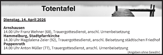 Anzeige von Totentafel vom 14.04.2026 von MGO