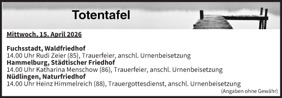 Anzeige von Totentafel vom 15.04.2026 von MGO