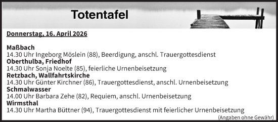 Anzeige von Totentafel vom 16.04.2026 von MGO