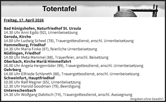Anzeige von Totentafel vom 17.04.2026 von MGO