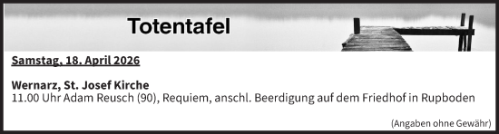 Anzeige von Totentafel vom 18.04.2026 von MGO