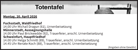 Anzeige von Totentafel vom 20.04.2026 von MGO