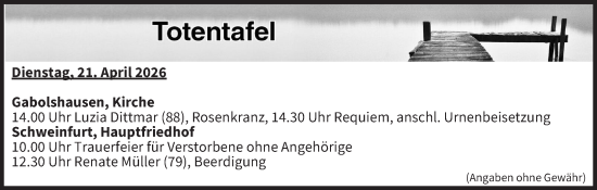 Anzeige von Totentafel vom 21.04.2026 von MGO