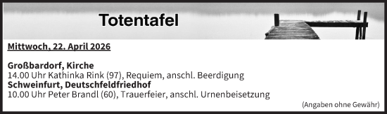 Anzeige von Totentafel vom 22.04.2026 von MGO