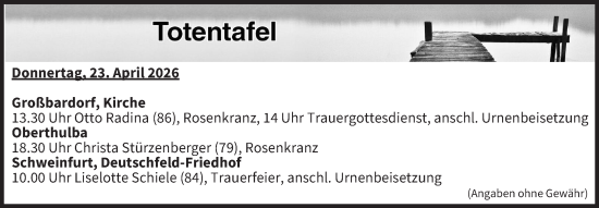 Anzeige von Totentafel vom 23.04.2026 von MGO