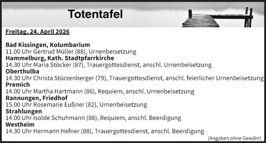 Anzeige von Totentafel vom 24.04.2026 von MGO
