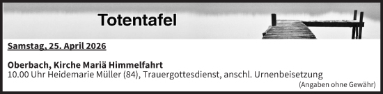 Anzeige von Totentafel vom 25.04.2026 von MGO
