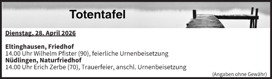 Anzeige von Totentafel vom 27.04.2026 von MGO