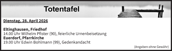Anzeige von Totentafel vom 28.04.2026 von MGO