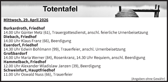 Anzeige von Totentafel vom 29.04.2026 von MGO