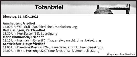 Anzeige von Totentafel vom 31.03.2026 von MGO