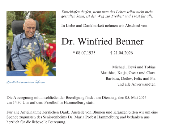Anzeige von Winfried Benner von MGO
