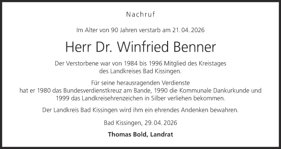 Anzeige von Winfried Benner von MGO
