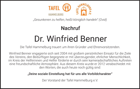 Anzeige von Winfried Benner von MGO